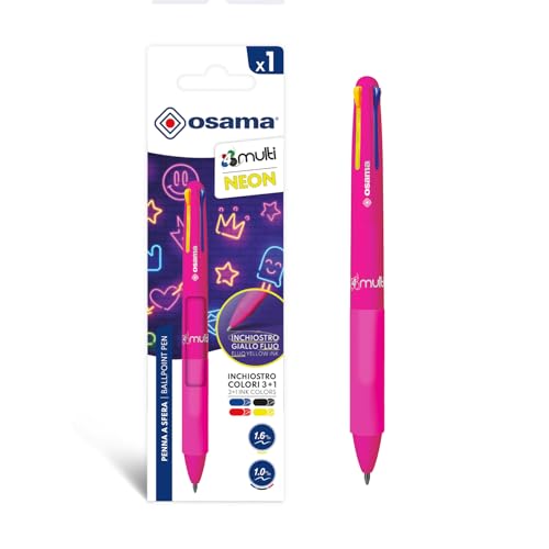 OSAMA 4 Multi Neon Kugelschreiber, mehrfarbig, 1,0 mm, bunte Stifte, 4 personalisierte Farben, Tinte Schwarz, Blau, Rot und Neongelb (Mine 1,6 mm), Schreibwaren Schule Büro Universität und von OSAMA