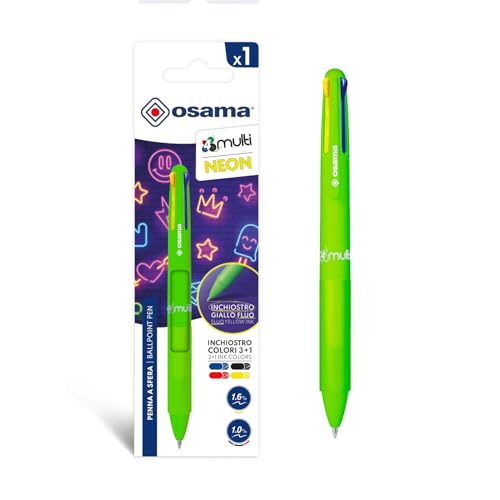 OSAMA 4 Multi Neon Kugelschreiber, mehrfarbig, 1,0 mm, bunte Stifte, 4 personalisierte Farben, Tinte Schwarz, Blau, Rot und Neongelb (Mine 1,6 mm), Schreibwaren Schule Büro Universität und von OSAMA