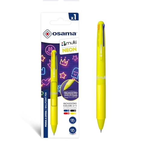 OSAMA 4 Multi Neon Kugelschreiber, mehrfarbig, 1,0 mm, bunte Stifte, 4 personalisierte Farben, Tinte Schwarz, Blau, Rot und Neongelb (Mine 1,6 mm), Schreibwaren Schule Büro Universität und von OSAMA