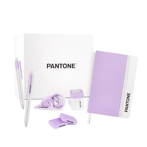 PANTONE™ Pastel Gift Box - Schulsachen mit 2 Schwarzen Kugelschreiber Stiftspitze 0,7 mm, 1 Notizbuch, Radiergummi 2 Stück, 1 Spitzer mit Dose und 1 Korrekturroller 10 Meter, Aesthetic School Stuff von OSAMA