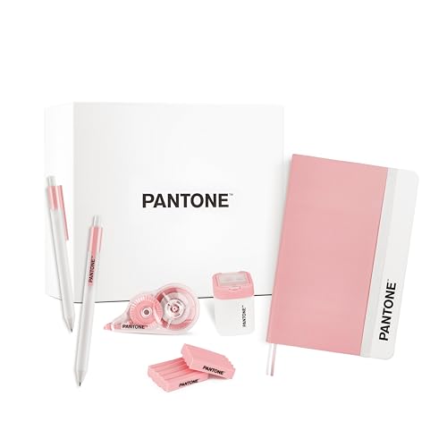 PANTONE™ Pastel Gift Box - Schulsachen mit 2 Schwarzen Kugelschreiber Stiftspitze 0,7 mm, 1 Notizbuch, Radiergummi 2 Stück, 1 Spitzer mit Dose und 1 Korrekturroller 10 Meter, Aesthetic School Stuff von OSAMA