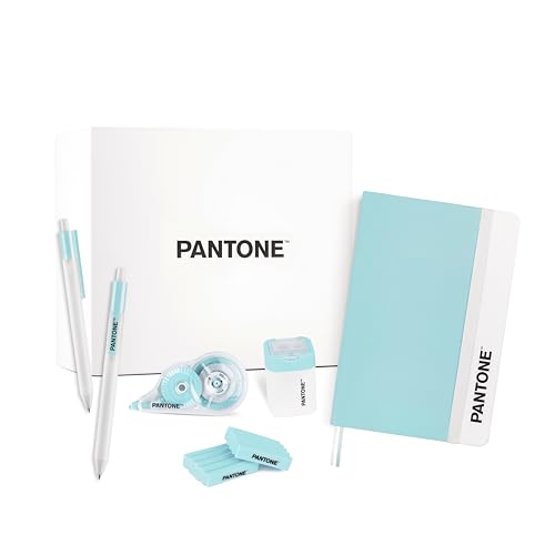 PANTONE™ Pastel Gift Box - Schulsachen mit 2 Schwarzen Kugelschreiber Stiftspitze 0,7 mm, 1 Notizbuch, Radiergummi 2 Stück, 1 Spitzer mit Dose und 1 Korrekturroller 10 Meter, Aesthetic School Stuff von OSAMA