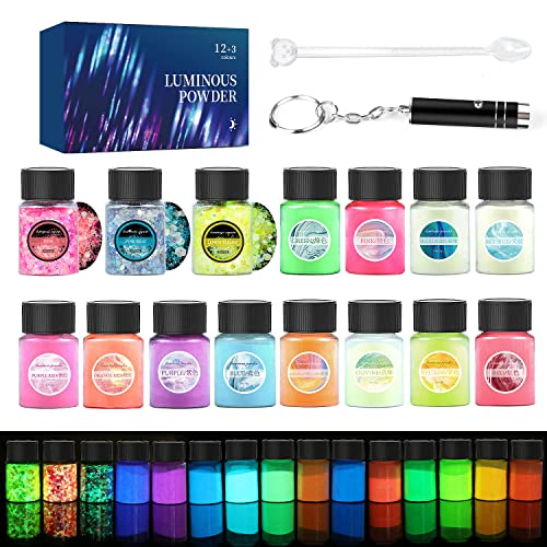 Pigmentpulver, leuchtet im Dunkeln, 15 Gläser – 12 Farben leuchtende Pigmente und 3 Farben leuchtende Flocken mit UV-Lampe – Epoxidharz-Leuchtpulver für Schleim-Set, hautfreundlich, nagelsicher, von OSBANG