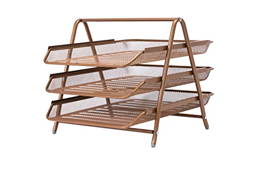 OSCO Wiremesh Briefablage mit DREI Ebenen, für Dokumente, A4-Ordnung, Papier-Organizer, Schreibtisch-Aktenordner, einfache Montage, 26,5 x 27,8 x 35,5 cm (H x B x T), Roségold von OSCO