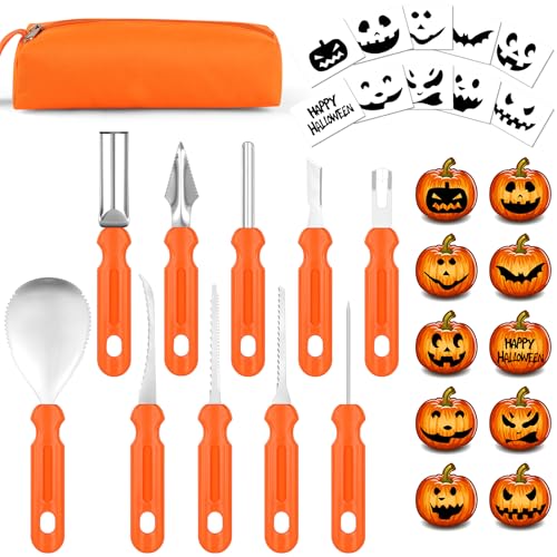 OSDUE Halloween Kürbis Schnitzset, 10 Stück Kürbis Schnitzmesser Set DIY Halloween Dekoration Edelstahl Kürbis Schnitzwerkzeuge mit 10 Vorlagen mit Tragetasche für Kinder und Familie von OSDUE