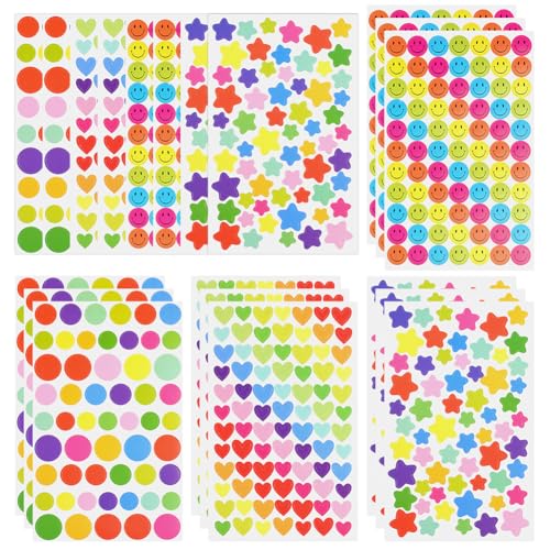 OSDUE 1300+ Stück Aufkleber für Kinder, Sternaufkleber, Herzaufkleber, Runde Punktaufkleber, Smiley Aufkleber, für Belohnungen, Scrapbooking, Hochzeit, Geschenke, DIY, Valentinstag (20 Blätter) von OSDUE
