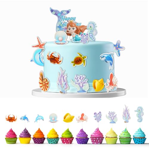 OSDUE 16 STK Kuchendekoration Meerjungfrau, Meerjungfrau Cake Topper, Tortendeko Mädchen Meerjungfrau, Glitzer Meerjungfrau Torten Deko, Ocean Theme Kuchendekoration, für Babyparty, Geburtstagszubehör von OSDUE