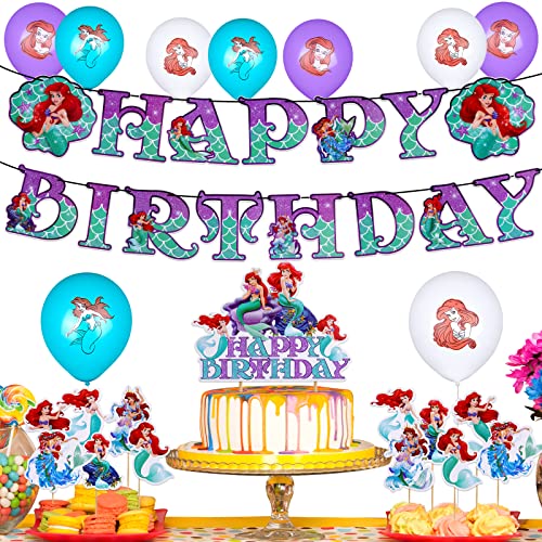OSDUE 23 Stück Meerjungfrauen Geburtstag Party Set, Geburtstags Dekoration Banner, Folienballon Deko, Mini Figuren Geburtstagsdeko, Kuchen Topper für Kinder Mädchen Junge von OSDUE