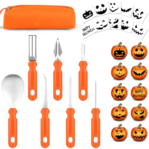 OSDUE Halloween Kürbis Schnitzset, 7 Stück Kürbis Schnitzmesser Set DIY Halloween Dekoration Edelstahl Kürbis Schnitzwerkzeuge mit 10 Vorlagen mit Tragetasche für Kinder und Familie von OSDUE