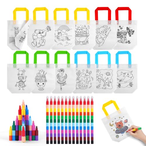 OSDUE Kinder Stoffbeutel Set, 13 Stück Stoffbeutel zum Bemalen für Kinder und 13 Stück Stapelbare Wachsmalstifte (12 Farben in 1), DIY Graffiti Taschen, für Kindergeburtstag Gastgeschenke von OSDUE