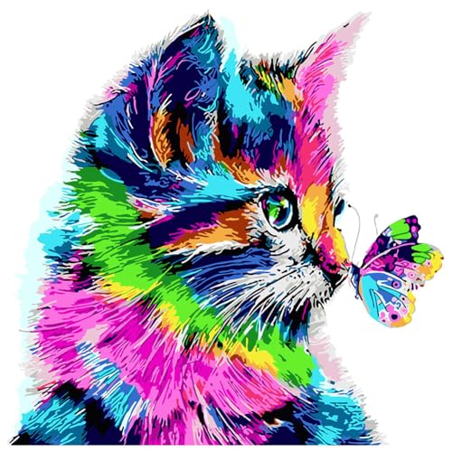 OSDUE Malen nach Zahlen Kits, DIY Handgemalt Ölgemälde Kit für Kinder Anfänger und Erwachsene, Digitales DIY Ölgemälde Set Mit 3-Pinseln und Acrylfarbe, 40X40CM, Ohne Rahmen, Katze von OSDUE