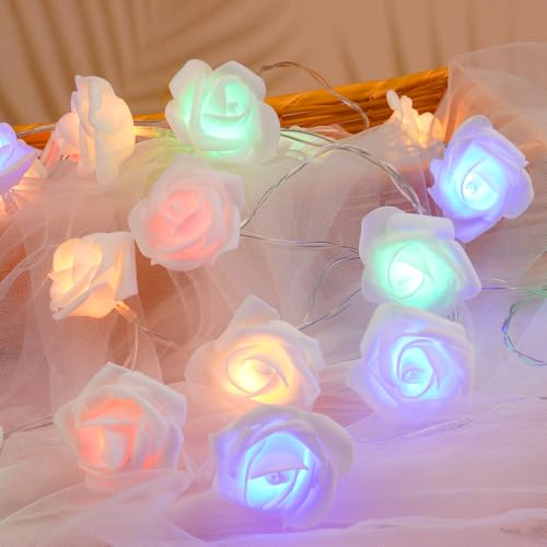OSDUE Rose Light String, 3M LED Rosen Lichterkette, Rosen Lichterkette mit 20er LED-Licht, Rose Fairy Lights, Lichterkette mit Blumengirlande für Party, Garten, Weihnachten, Hochzeit (Colorful) von OSDUE