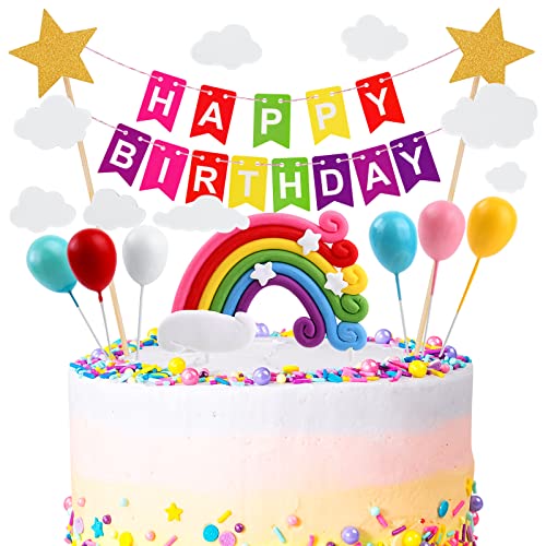 OSDUE Tortendeko Geburtstag, Macaron Kuchen Deko, Happy Birthday Tortendeko, Kuchen Topper Regenbogen, Happy Birthday, Wolke, Ballon für Kinder Mädchen Junge von OSDUE