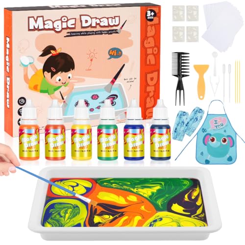 OSDUE Wassermarmorierfarbe für Kinder, Marmorierfarbe 6 Farben, Marbling Paint Kit, Wasser Kunst Malset, Bastelset für Kinder im Alter von 6-12 Jahren (A5-Größe) von OSDUE