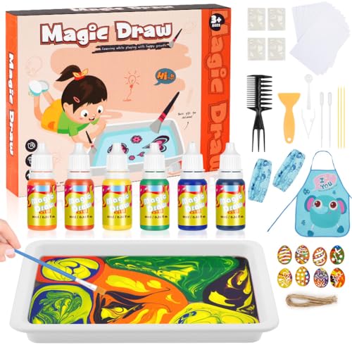 OSDUE Wassermarmorierfarbe für Kinder, Marmorierfarbe 6 Farben, Marbling Paint Kit, Wasser Kunst Malset mit 8 Eier-Zeichenbretter aus Holz, Bastelset für Kinder im Alter von 6-12 Jahren (A5-Größe) von OSDUE