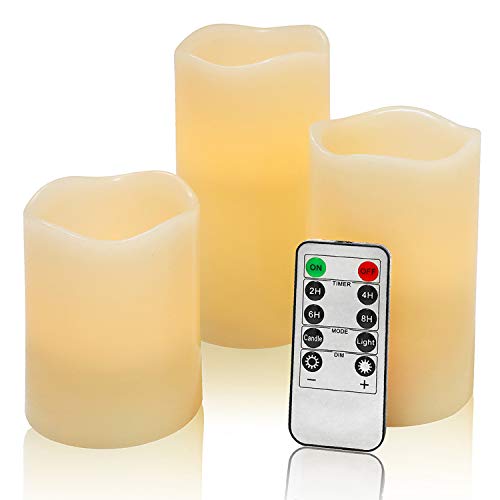 Flammenlose flackernde LED- Kerze: 3er-Set elfenbeinfarben D 8 x H 10cm12cm15cm, mit echtem Wachs betriebene künstliche Flamme mit Fernbedienung Timer-Funktion flackernde Kerze für Heimdekoration von OSHINE