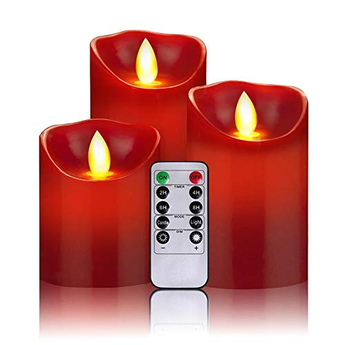 OSHINE LED Kerzen Flammenlose Kerzen:300+ Stunden Dekorations-Kerzen-Säulen im 3er Set 10-Tasten Fernbedienung mit 24 Stunden Timer-Funktion (3 * 1, rot) von OSHINE