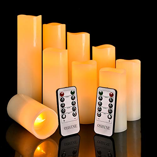 OSHINE LED Kerzen Flammenlose Kerzen,（H 4.5" 5" 6" 7" 8" 9" ） Set von 9 echten Wachs-Säule Nicht Kunststoff mit 10-Tasten Fernbedienung Timer 300+ Stunden (9, Elfenbein) von OSHINE