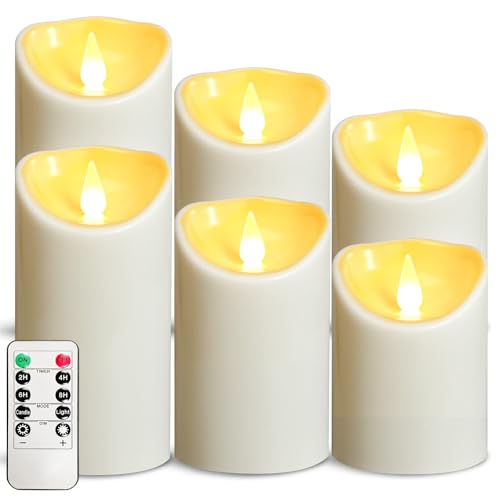 OSHINE Kunststoff Batterie Flammlose Kerzen - LED Batterie Kerzen Set von 6 Elfenbein D7.6CMxH10/12.7/15.2CM Kerze Betätigt mit Fernbedienung und Timer Electric Fake Flickern für Dekoration Party von OSHINE