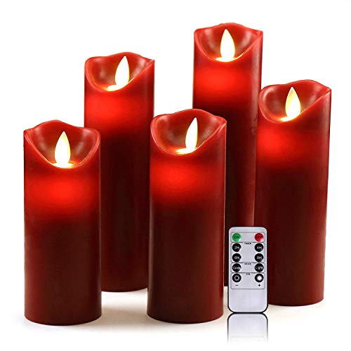 OSHINE LED Kerzen, Flammenlose Kerzen 300 Stunden Dekorations-Kerzen-Säulen im 5er Set (10,2 cm 12,7 cm 15,2 cm,17.8 cm,20.3 cm) rot Geeignet für Weihnachtsdekoration von OSHINE