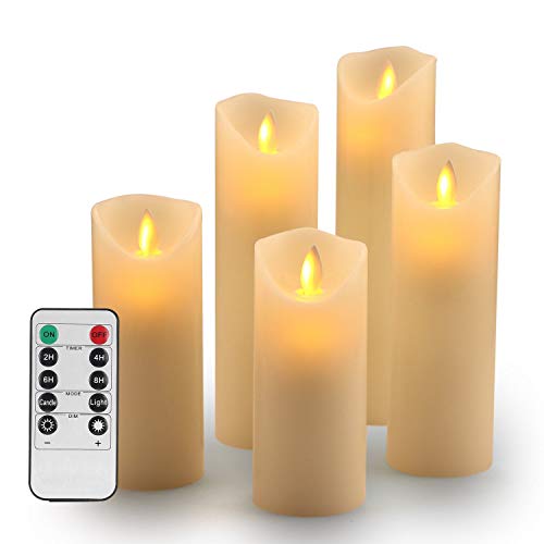 OSHINE LED Kerzen led kerzen flackernde flamm:Φ 5.5CM x H 12CM 15CM 17CM 20CM 22CM Set von 5 echten Wachs-Säule Nicht Kunststoff mit 10-Tasten Fernbedienung Timer 300+ Stunden von OSHINE