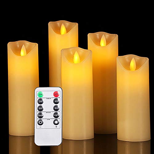 OSHINE LED Kerzen led kerzen flackernde flamm:Φ 5.5CM x H 12CM 15CM 17CM 20CM 22CM Set von 5 echten Wachs-Säule Nicht Kunststoff mit 10-Tasten Fernbedienung Timer 300+ Stunden von OSHINE