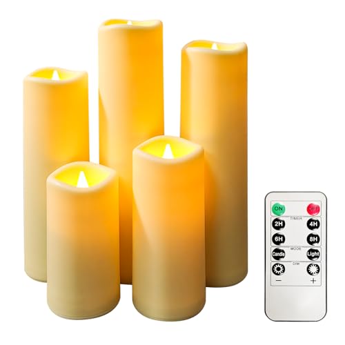 OSHINE Wasserdichte flammenlose LED-Kerzen, Set mit 5 Stück, elfenbeinfarben, 5,5 x H10/12.7/17,8/20,9/22,9CM, für den Außenbereich,flackernde Kerzen, Timer-Funktion mit Fernbedienung,Party Dekor von OSHINE