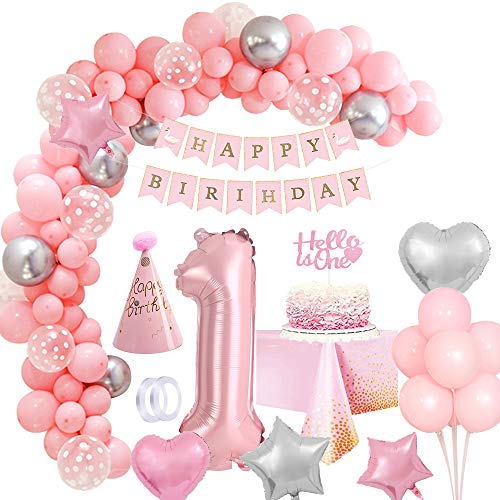 Rosa Geburtstagsdeko Mädchen 1Jahr Geburtstag Mädchen Deko, 40" Luftballon 1 Deko Geburtstag Mädchen Happy Birthday Girlande Dekoration Rosa Folienballon für Mädchen 1.Geburtstag Mehrweg von Vcumter