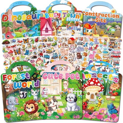 OSIMIG 6 Pack Wiederverwendbare Stickerbücher, 250+ 3D Puffy Sticker Kinder, Stickerbuch ab 2 3 4 Jahre, Neue Themen von Nettes Haustier, geschäftige Stadt, Baustelle, Kinder Geschenk Spielzeug von OSIMIG