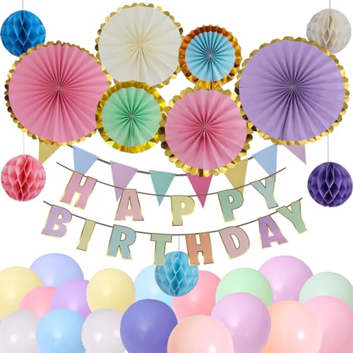 OSLEN Happy Birthday Decorations Kit Reusable Birthday Party Decorations with Macaron Happy Birthday Banner Bunting Hanging Paper Fans Honeycomb Decorations 100 12 inch mixed color balloons 2 ribbons von OSLEN