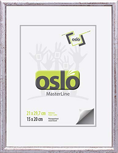 OSLO MasterLine Bilderrahmen A4 exakt 21x29,7 (21x30) silber marmoriert massiv Holz FSC Echt-Glas Portraitrahmen Urkunden Fotorahmen von OSLO MasterLine