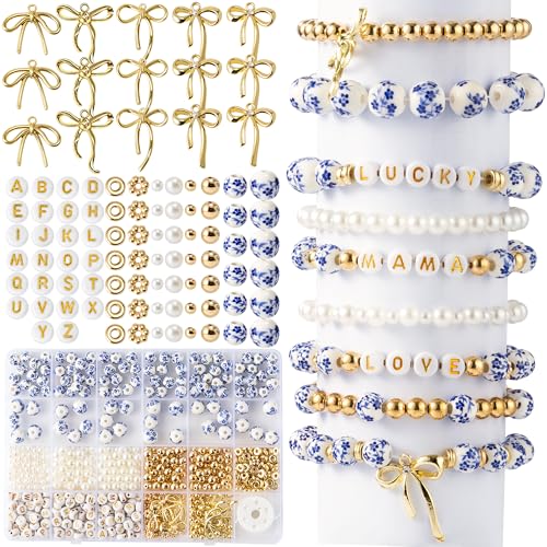 OSNIE Blaue Blumen-Keramikperlen – 681 Stück Vintage-blaue Blumen-bedruckte Abstandshalter-Perlen, runde Porzellan-Perlen, Goldperlen-Bastelset für Frauen, Schleifen-Charm, DIY-Schmuckzubehör OSNIE Blaue Blumen-Keramikperlen – 681 Stück Vintage-blaue Blumen-bedruckte Abstandshalter-Perlen, runde Porzellan-Perlen, Goldperlen-Bastelset für Frauen, Schleifen-Charm, DIY-Schmuckzubehör von OSNIE