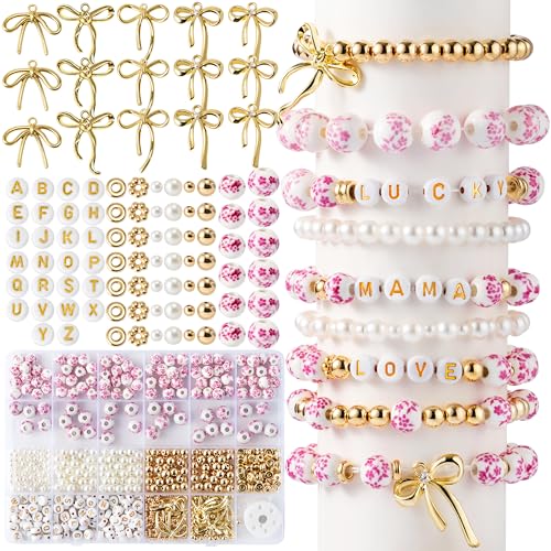 OSNIE Pinke Blumen-Keramikperlen – 681 Stück Vintage rosa Blume bedruckte Abstandshalter-Perlen, runde Porzellan-Perlen, Gold-Perlenherstellungs-Set für Frauen, Schleifen-Charm, DIY-Schmuckzubehör OSNIE Pinke Blumen-Keramikperlen – 681 Stück Vintage rosa Blume bedruckte Abstandshalter-Perlen, runde Porzellan-Perlen, Gold-Perlenherstellungs-Set für Frauen, Schleifen-Charm, DIY-Schmuckzubehör von OSNIE