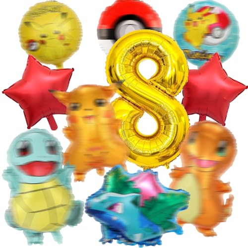 10 Stück Pokem Geburtstag Luftballons Set, Geburtstagsdeko Balloons 8 Jahre, Folienballon, Cartoon-Bilder Luftballon, Party Deko Geburtstag Ballons für 8 Jahre, Junge, Mädchen(8) von OSOFREE