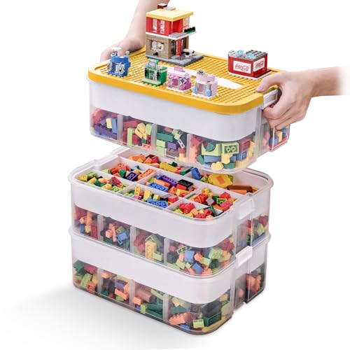 OSTWOLKE Aufbewahrungsbox mit Deckel für Lego, 3 Ebenen Bausteine Boxen Aufbewahrung, Transparente Sortierboxen Kleinteile Stapelbar Kunststoff, Trennbare Aufbewahrungsboxen für Handwerk, Accessoire von OSTWOLKE
