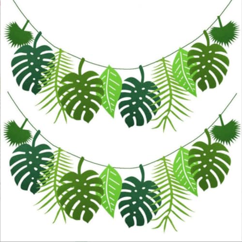 OSUWLSI 2 Stück Grün Tropische Palmenblätter Bunting - 4,6 m Tropische Blatt-Banner-Girlande, Wiederverwendbare Felt Leaf Bunting für Geburtstagsfeier, Hawaii-Party, Dschungel Mottoparty (grün) von OSUWLSI