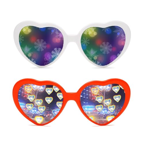 OSUWLSI 2 Stücke Herz Brille Weihnachtsbaumeffekt Effekt, 3D Heart Glasses Beugungs Brille Herzförmige Sonnenbrille, Lustige Brillen für Fasching Musikfestivals Party Bar Feuerwerk von OSUWLSI