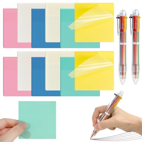 OT-NVWOZR 600 Blätter Transparente Haftnotizen, 12 Pads Clear Sticky Notes mit 2 mehrfarbige Stifte, Selbstklebendes Wasserfest Transparentpapier Schul Büro für Sachen Hause, Pagemarker (75x75mm) von OT-NVWOZR