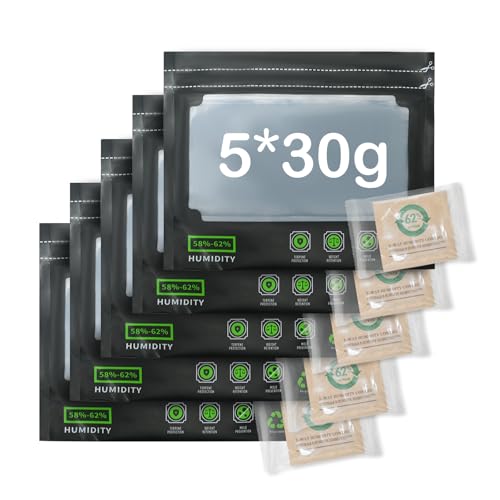 5x 30g Wiederverwendbare Aufbewahrungsbeutel Integrierter Feuchtigkeitskontrolle (58-62%) + 5X10g 62% RH 2-Wege-Feuchtigkeitskontrolle Inklusive - mit Geruchskontrolle + UV-Schutz von OTCOY