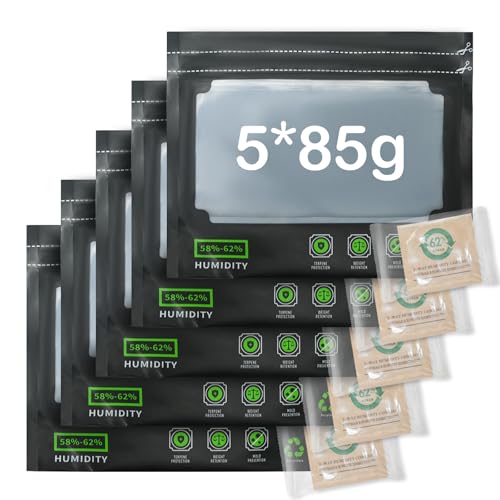 5x 85g Wiederverwendbare Aufbewahrungsbeutel Integrierter Feuchtigkeitskontrolle (58-62%) + 5X10g 62% RH 2-Wege-Feuchtigkeitskontrolle Inklusive - mit Geruchskontrolle + UV-Schutz (5+5-85g) von OTCOY