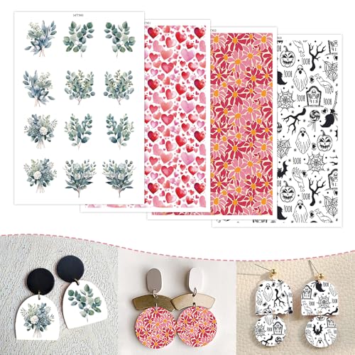 12 x Ton-Transferpapier, Olivenbaum, Halloween, Blumen, Liebe, 4 Muster, sortiertes Design, Wasser-Polymer-Ton, Transferpapier für Polymer-Ton, Ohrringe, Schmuckherstellung, Aquarell-Blume von OTCRAFT