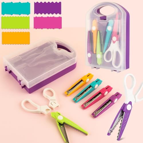 Bastelscheren, dekorative Papierkantenschere mit Aufbewahrungsbox, 5 Arten, Zickzack-Kanten, ideal für DIY-Projekte, Papierkarten, Fotos, Sammelalben, Büro, Schule, Zuhause, Handbuch (Violett) von OTCRAFT