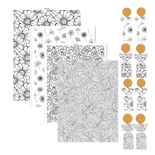 OTCRAFT Transferpapier für Polymer-Ton, Retro-Blumen in Schwarz und Weiß, 4 verschiedene Hintergrunddrucke, Polymer-Ton, Transferpapier für Bastelarbeiten, Kunst, Schmuck, Ohrringe, 12 x 8 cm von OTCRAFT