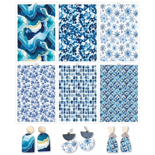 OTCRAFT Transferpapier für Polymerton, blaue Blumen, 6 verschiedene Hintergrunddrucke, Polymer-Ton, Transferpapier für Bastelarbeiten, Kunst, Schmuck, Ohrringe, 14 x 8 cm, 24 Blatt von OTCRAFT