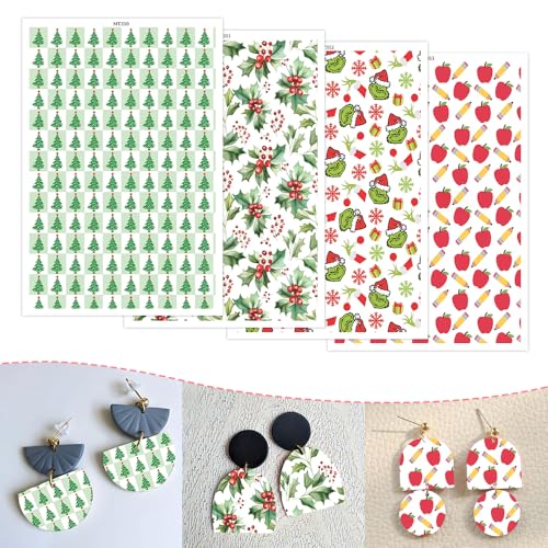 Transferpapier für Weihnachten, Weihnachtsstern, Transferpapier, 4 Designs, 14 x 9 cm, Transferblätter für Polymerton, Druckpapier für Bastelarbeiten, Schmuck, Ohrringe, 12 Blatt von OTCRAFT