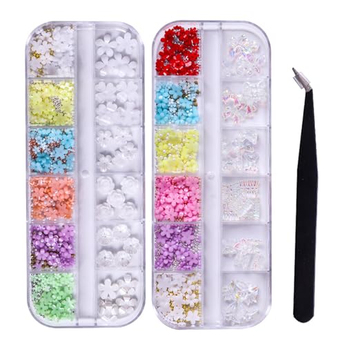 3D Blumen Nagel Charms, 2 Kasten 24 Grids Florale Aurora Bären Bogen Schmetterling Nagel Edelsteine mit gold silber Nagelperlen Rhinestones und Pinzette, Nagelkunstdekorationen für DIY Maniküre Design von OTKARXUS