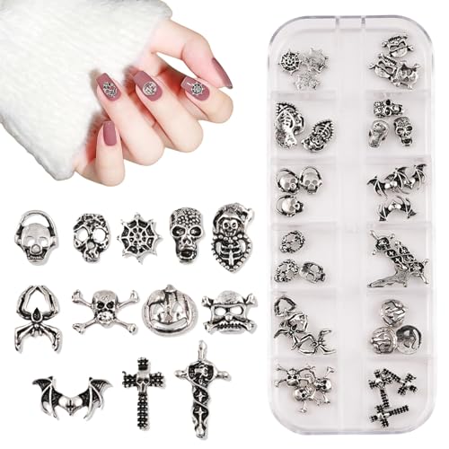 3D Halloween Nail Charms,1Box 12Gitter Schädel Kürbis Bat Spinnennetz Kreuzen Silber Nagel Edelsteine,Halloween Nail Deko für Nageldesign Schmuck Zubehör DIY Basteln von OTKARXUS