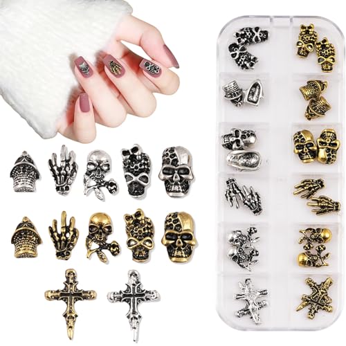 3D Halloween Nail Charms,1Box 12Gitter Skelett Schädel Geister Hand Grabsteine Kreuz Gold Silber Nagel Edelsteine,Halloween Nail Deko für Nageldesign Schmuck Zubehör DIY Basteln 3D Halloween Nail Charms,1Box 12Gitter Skelett Schädel Geister Hand Grabsteine Kreuz Gold Silber Nagel Edelsteine,Halloween Nail Deko für Nageldesign Schmuck Zubehör DIY Basteln von OTKARXUS