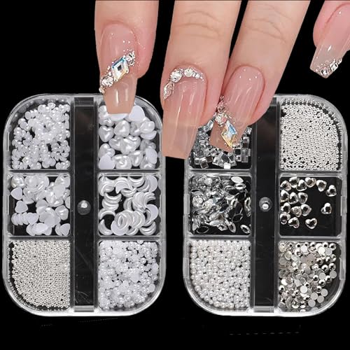 3D-Nagelanhänger, 2 Boxen mit 6 Fächern, Nagelperlen, Strass, Nagelkunst-Perlen, Nagelzubehör-Set, Herz, Mond, geometrische Formen, Flaback, Nagelkunst-Dekorationen für Frauen und Mädchen 3D-Nagelanhänger, 2 Boxen mit 6 Fächern, Nagelperlen, Strass, Nagelkunst-Perlen, Nagelzubehör-Set, Herz, Mond, geometrische Formen, Flaback, Nagelkunst-Dekorationen für Frauen und Mädchen von OTKARXUS