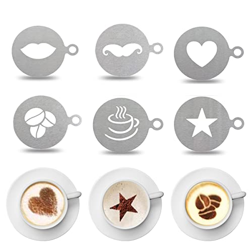 Edelstahl-Kaffeeschablonen, 6 Stück Latte-Art Kaffee-Dekorationsschablonen, Cappuccino Schablonen Kaffeezubehör für Kaffee-Girlande, Personalisierte Vorlage Kuchen Kaffee Dekoration von OTKARXUS